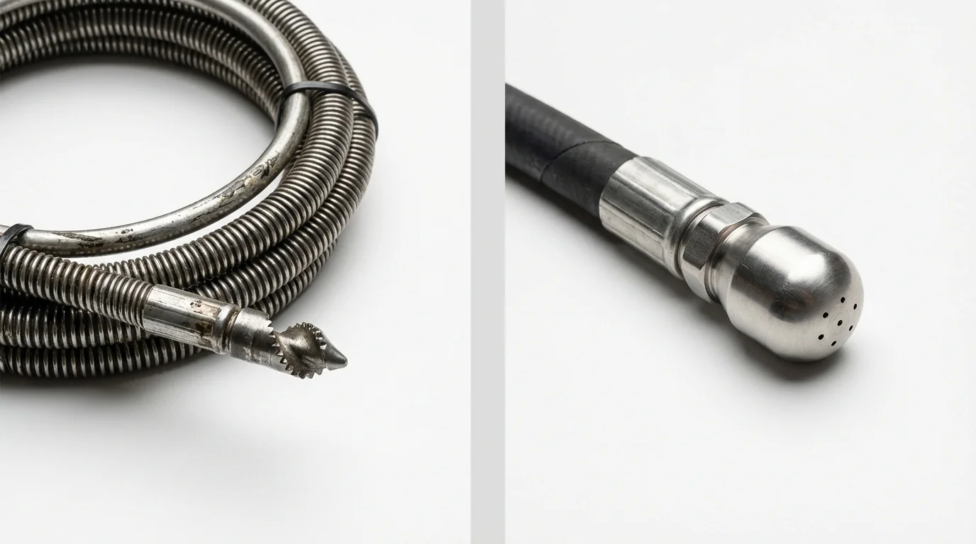 Drain snake cable and hydro jetting nozzle used for drain cleaning in Raymond, ME