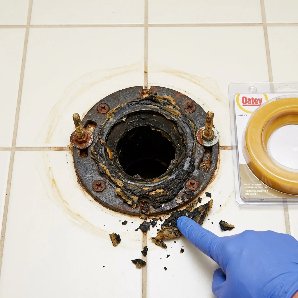 Failed wax ring showing water seepage at the base of a toilet in a Raymond, ME home