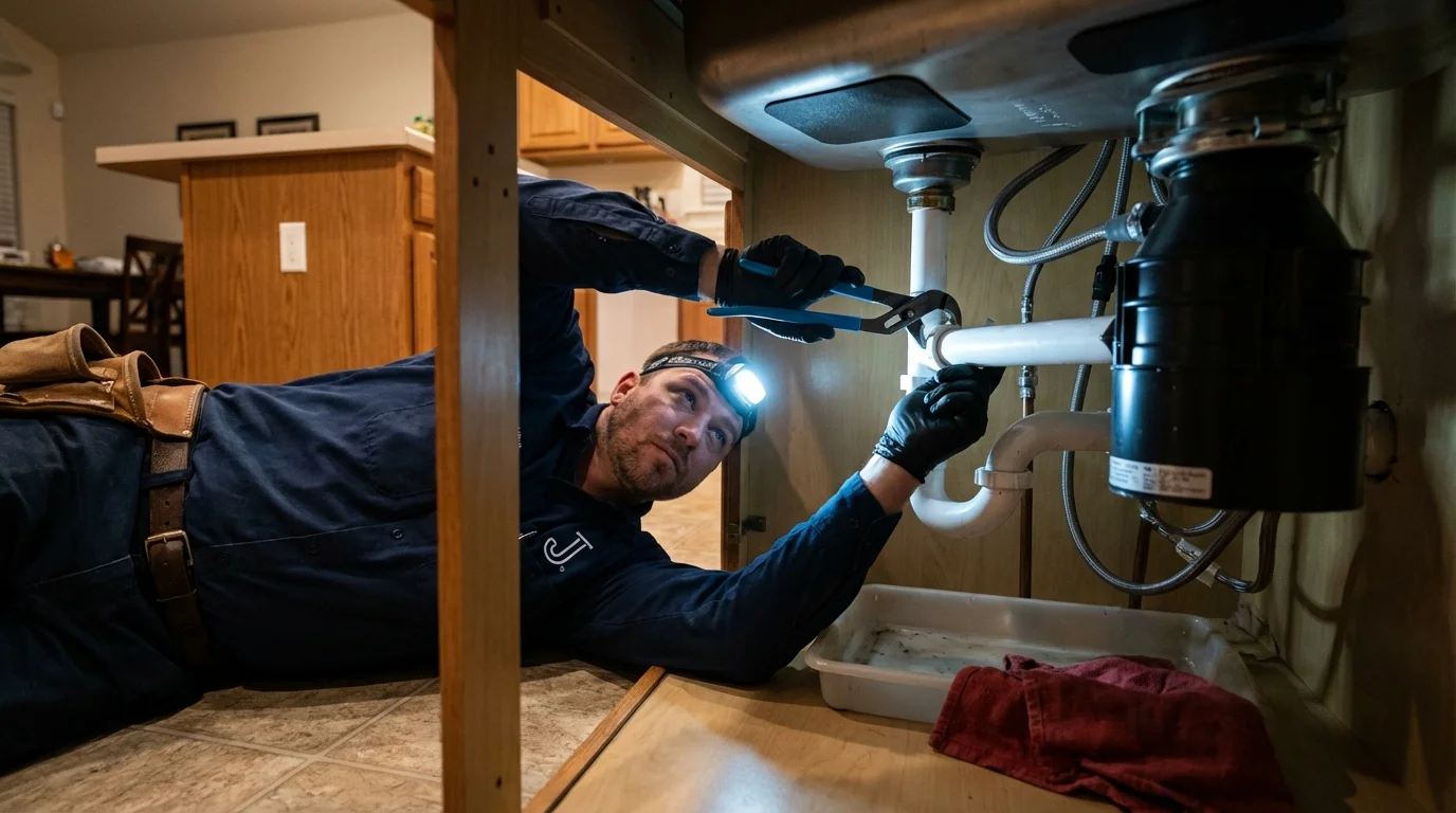 P-trap and supply line connections under a kitchen sink showing a common leak point in Raymond, ME